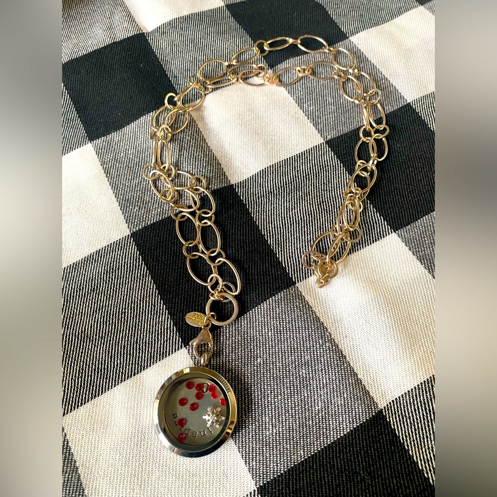 Brand new Origami Owl 30'' Necklace with Inspire, Snowflake, and Red Jewels